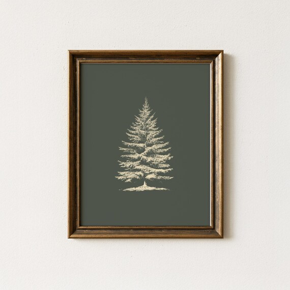 Full Snowy Pine Tree In White On Dark Green Vintage Holiday Poster