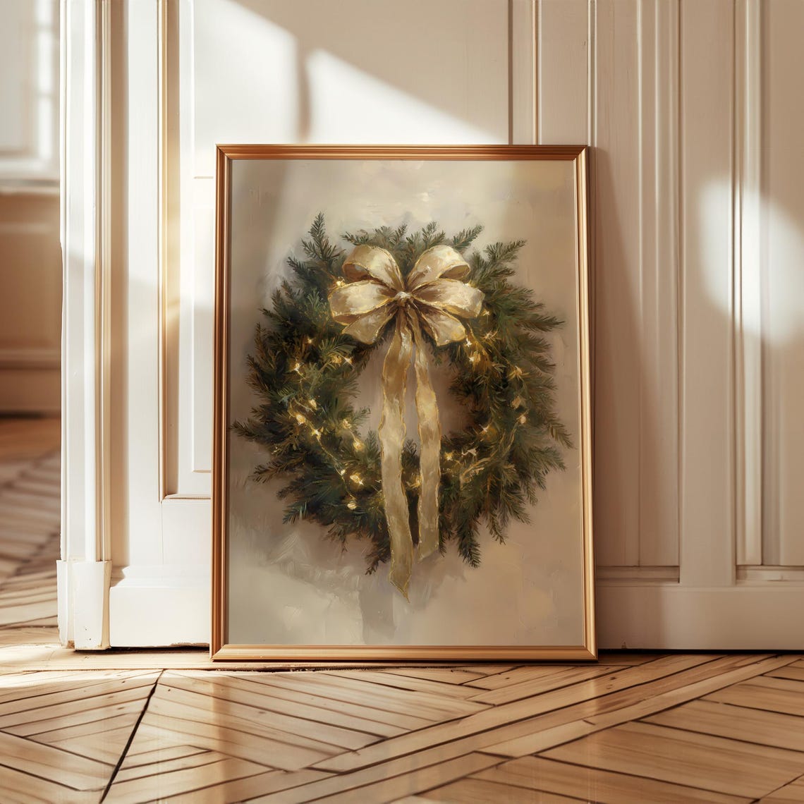 Christmas Wreath Gold Bow Painterly Evergreen Holiday Art Poster