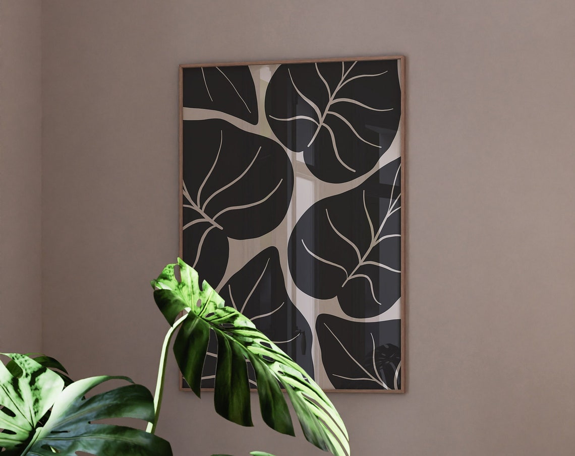 Black Bold Leaves White Veins Modern Botanical Graphic Art Poster - Image 2