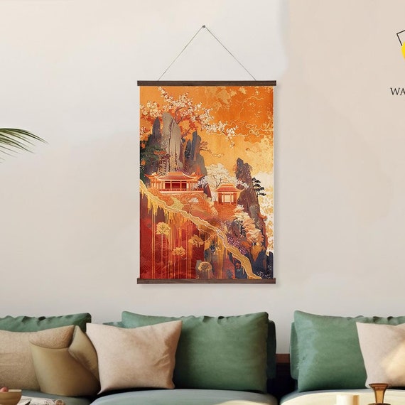 Golden Zen Temple Wall Hanging Oriental Landscape Wall Art Decor Printed On Premium With Real Walnut Wooden Hangers