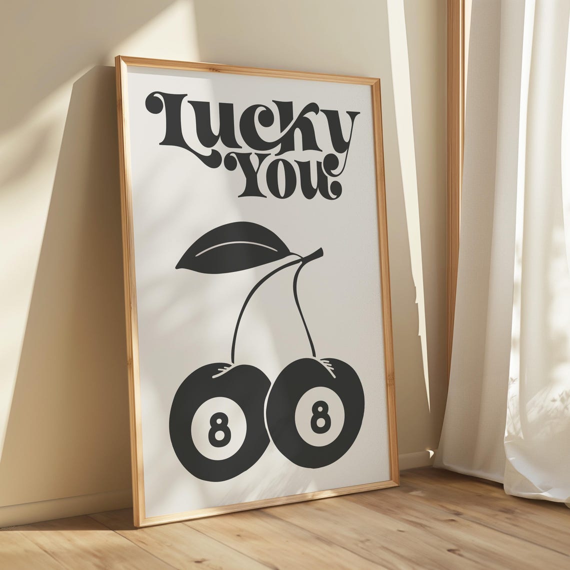 Lucky You Cherry 8 Ball Retro Graphic Typography Wall Art Decor - Image 2