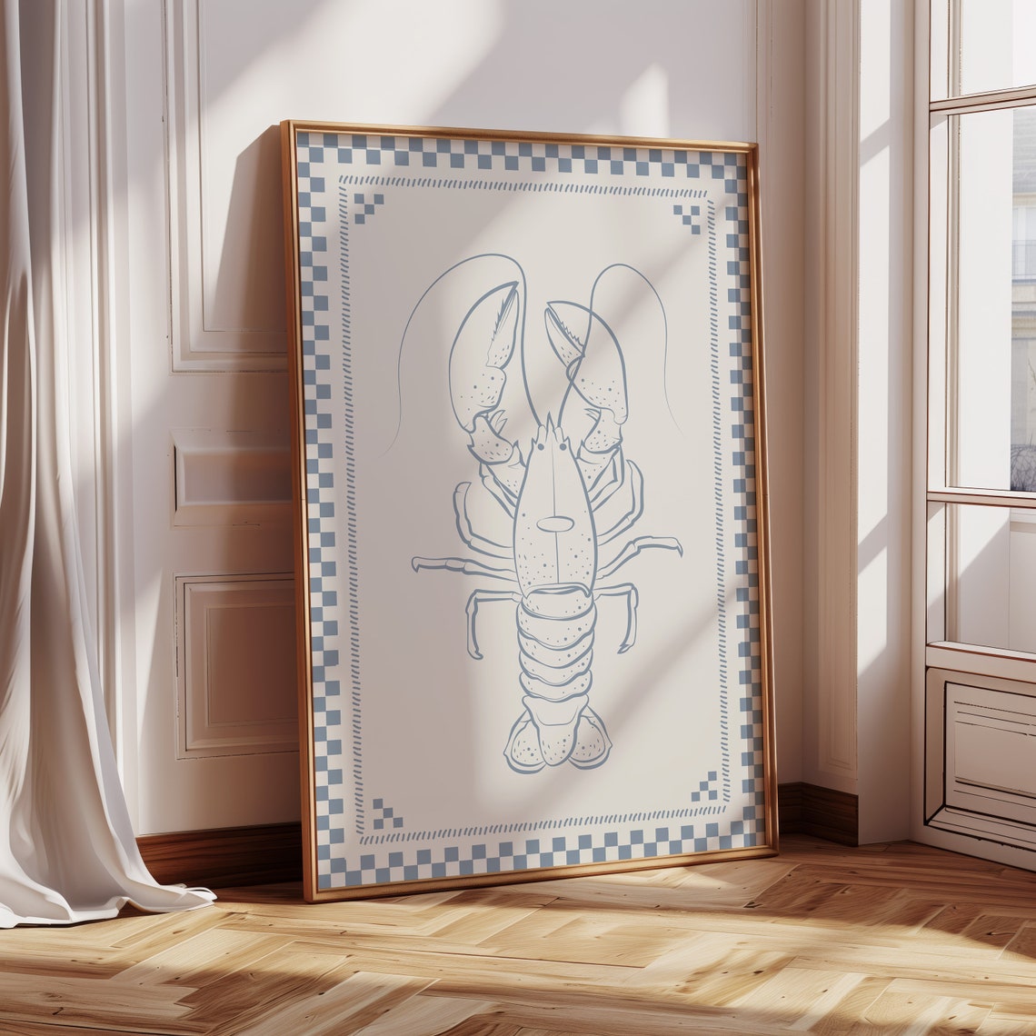 Blue Line Art Lobster Illustration With Checkered Border Print - Image 2