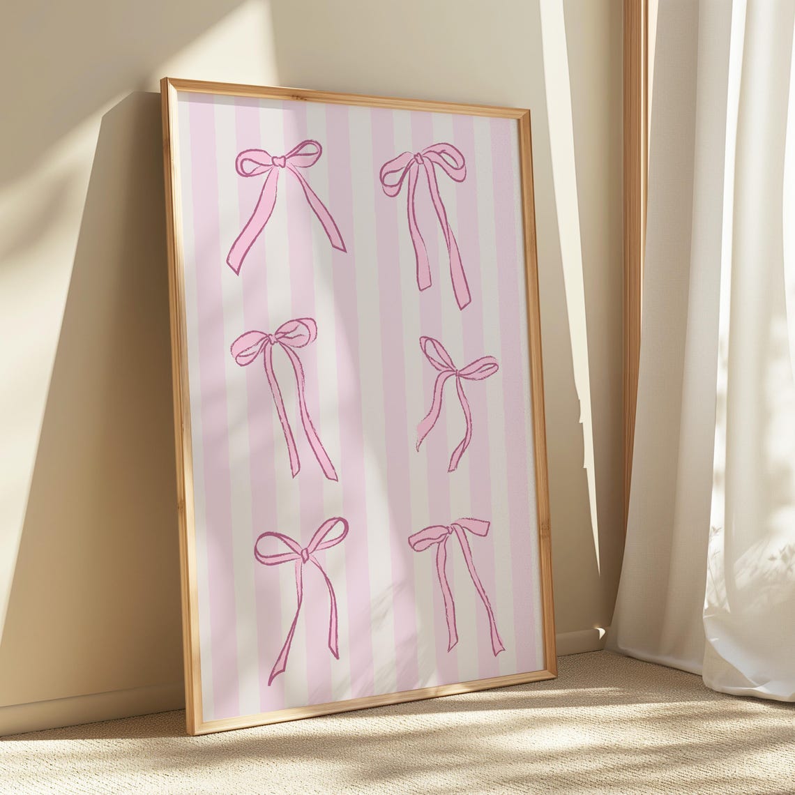 Pink Striped Coquette Bow Pattern Girly Bedroom Decor Wall Art - Image 2