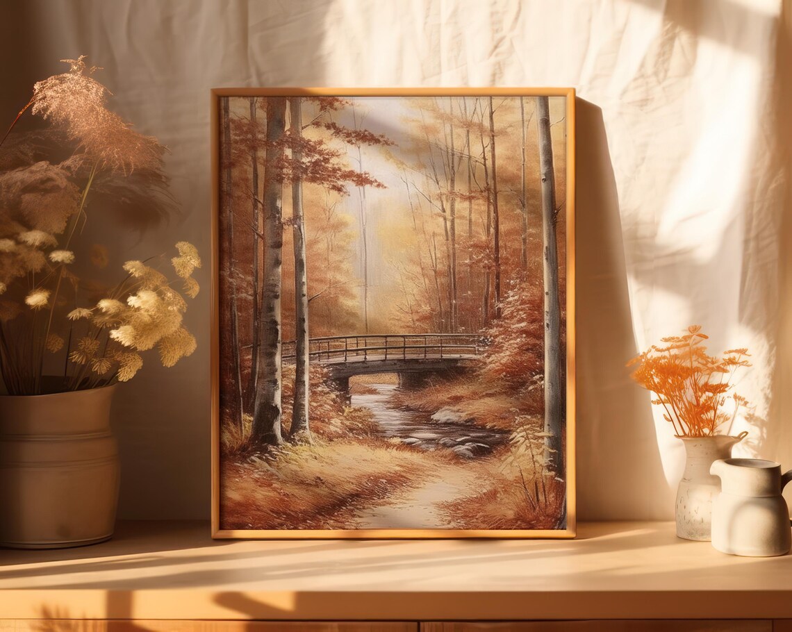 Autumn Forest Bridge Stream Vintage Landscape Painting Wall Art - Image 2
