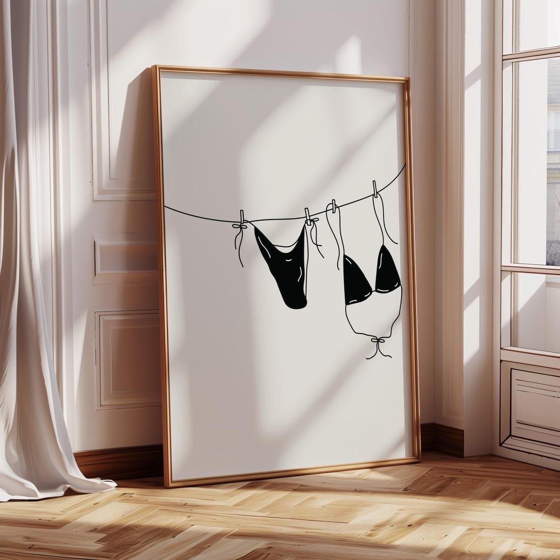 Minimalist Black Bikini On A Clothesline Coastal Line Art Print - Image 2
