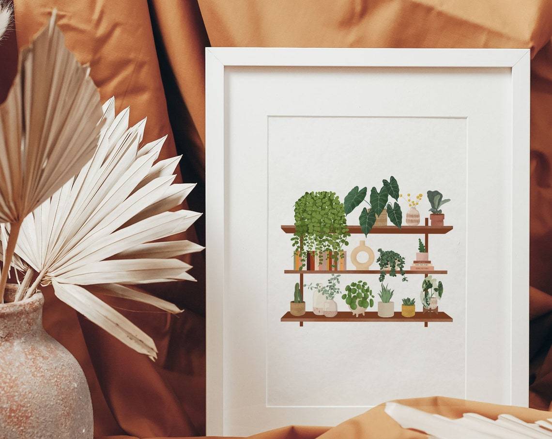 Wooden Shelf With Potted Plants Botanical Illustration Poster