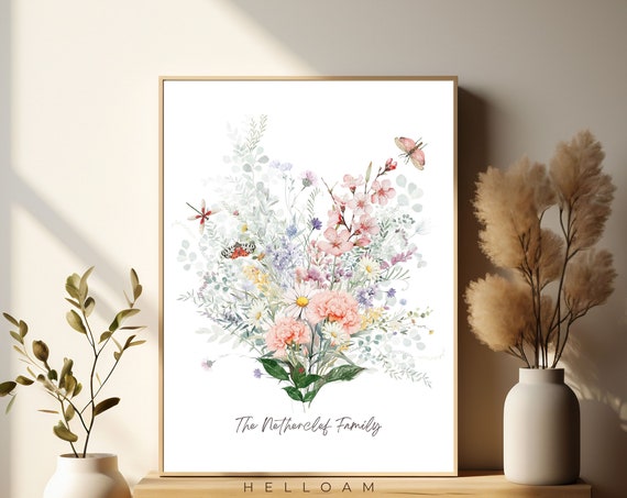 Personalized Birth Flower Family Bouquet Watercolor Art Print