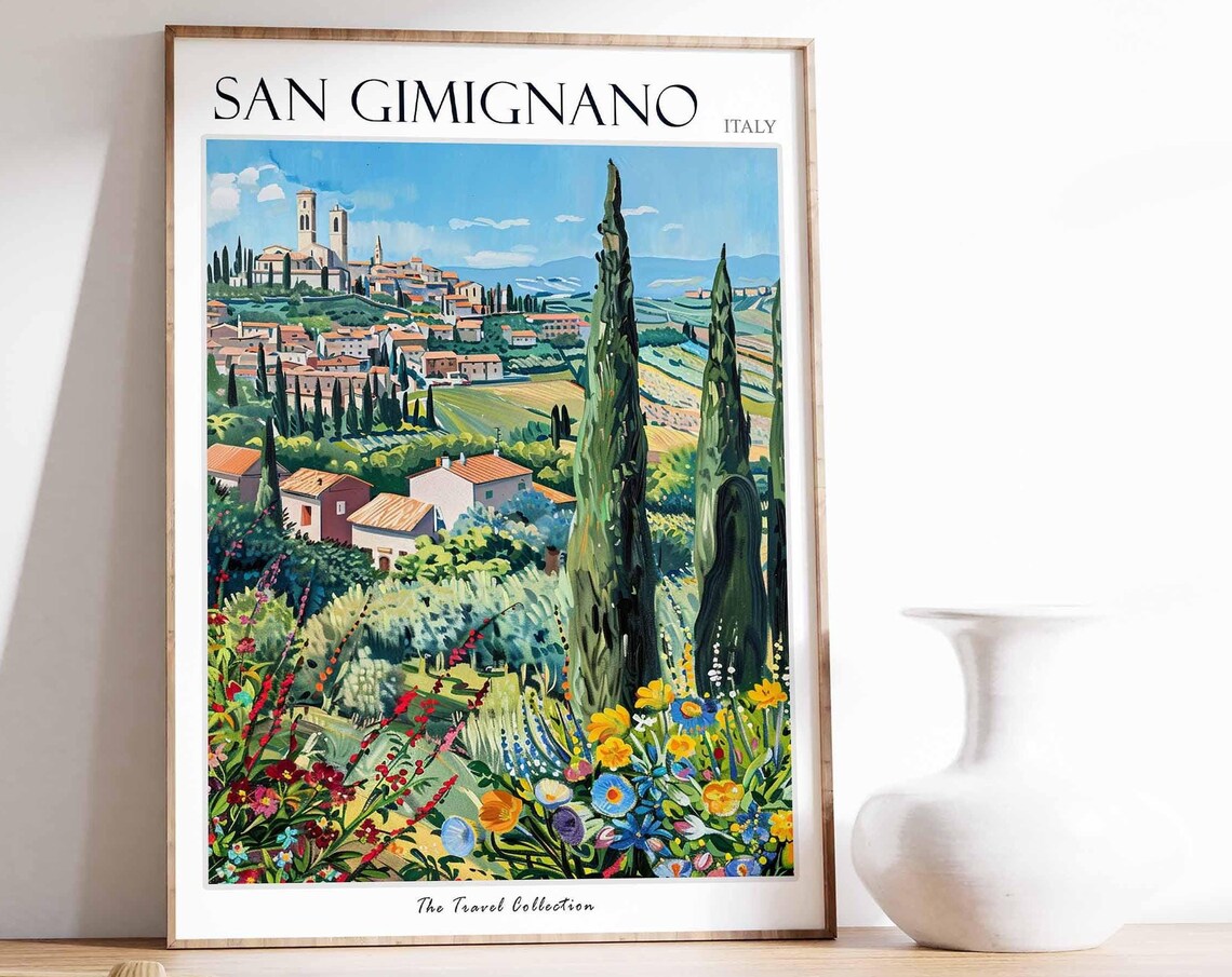 San Gimignano Italy Tuscan Cypress Hilltop Town Travel Poster