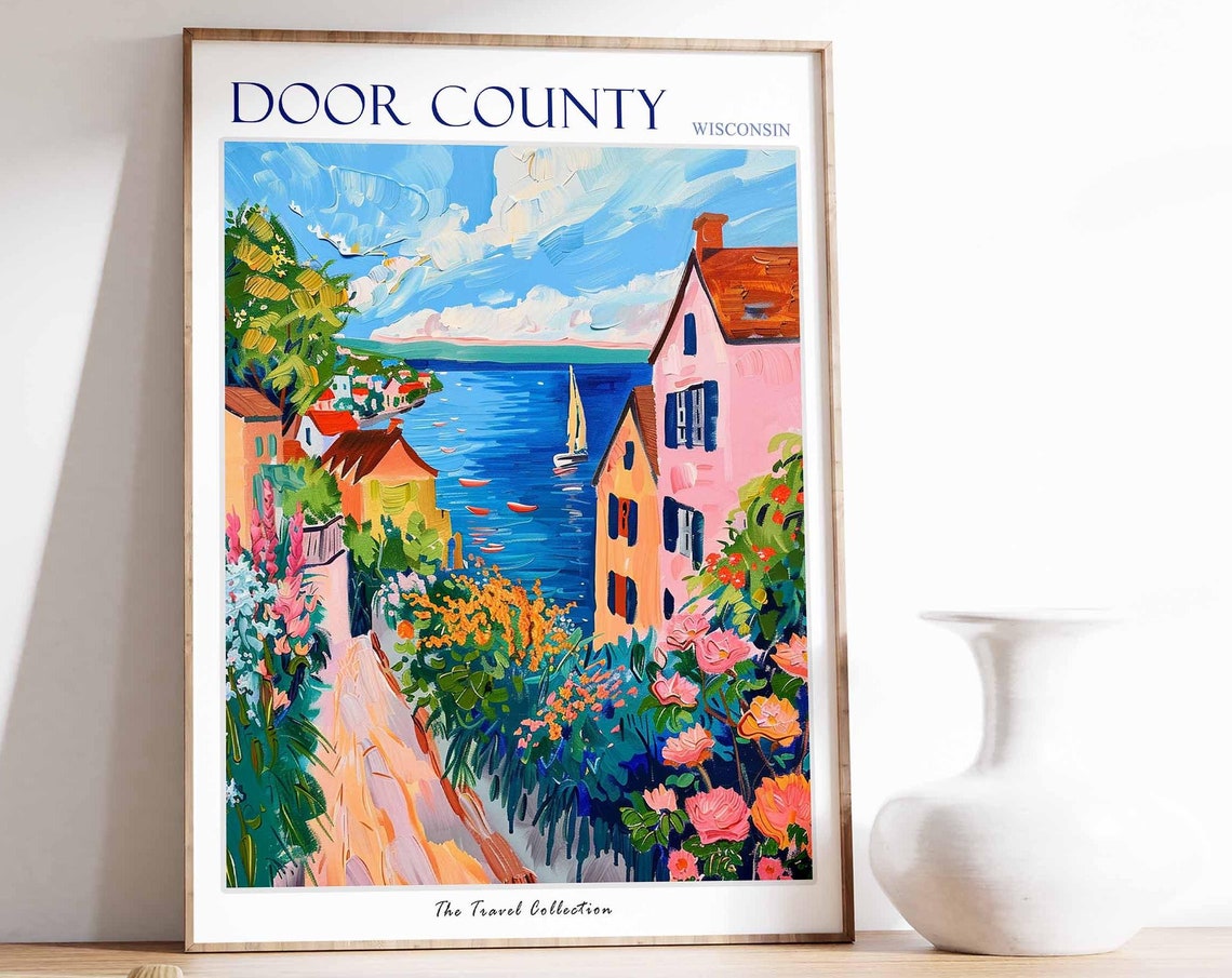Door County Wisconsin Painterly Coastal Town Sailboat Flowers Poster