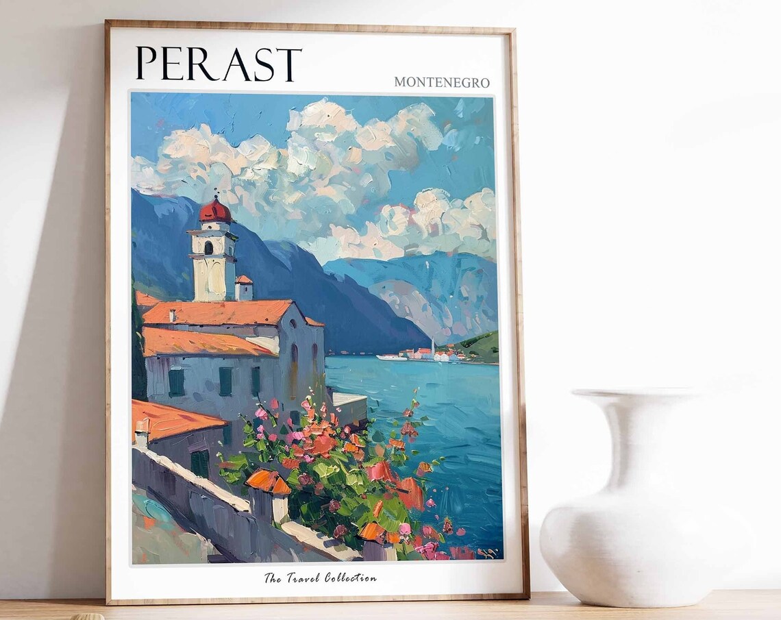 Perast Montenegro Church Bell Tower Flower Garden Bay Poster