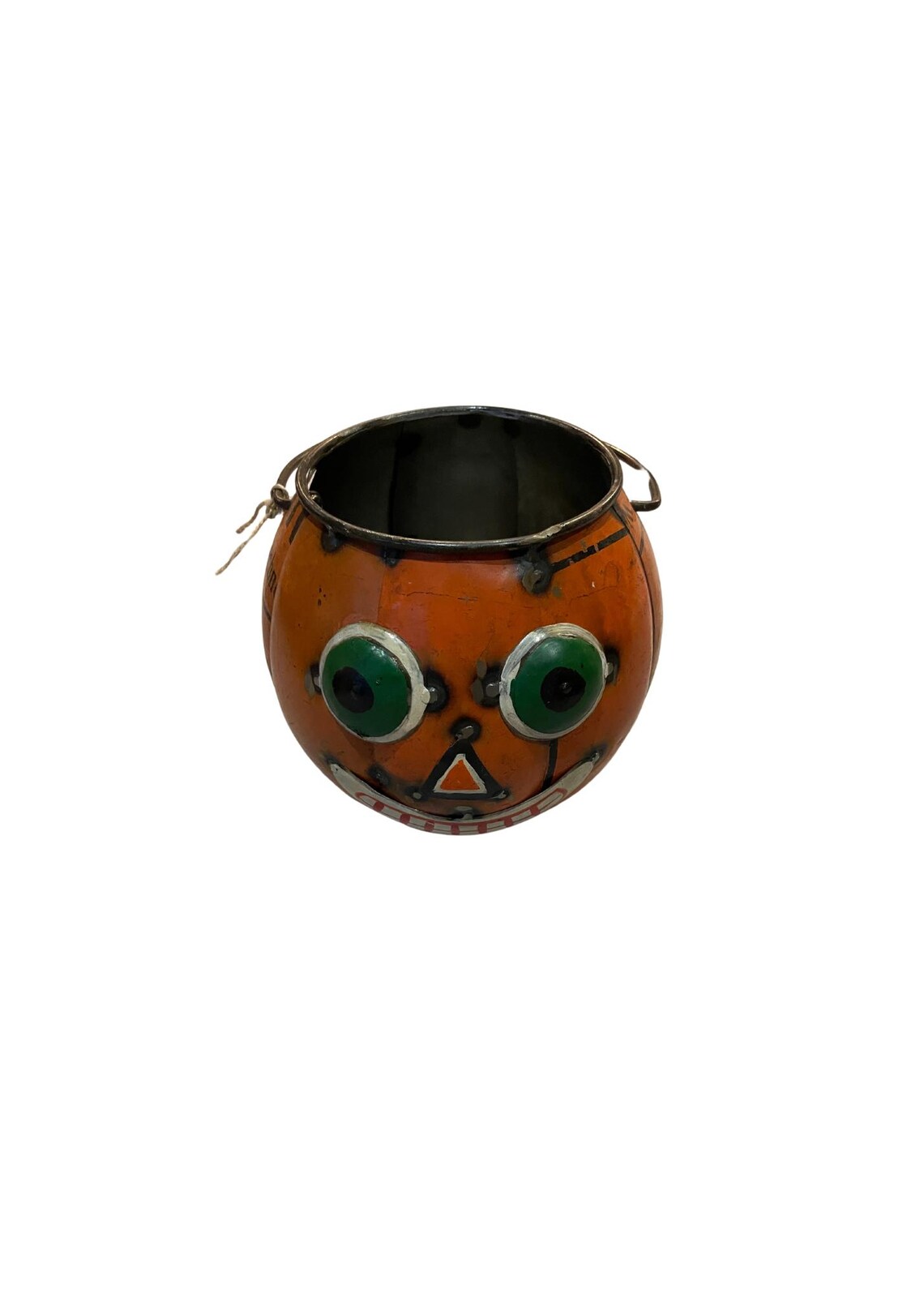 Round Pumpkin Face Metal Bucket Rustic Jack O Lantern Halloween Candy Pail - Image 2