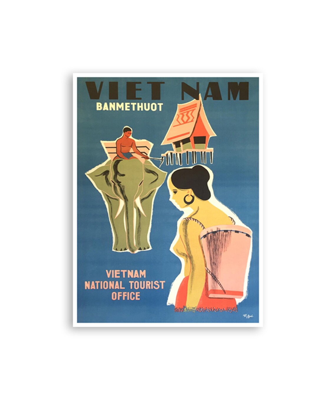 Vietnam Banmethuot Elephant Stilt House Vintage Travel Poster