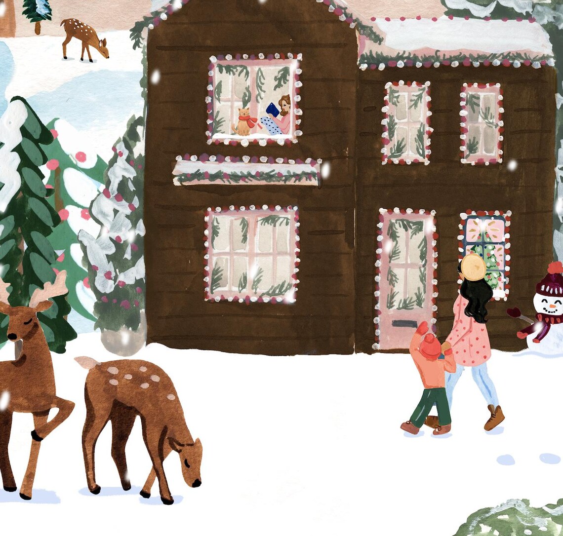 Winter Village Holiday House Art Print, Cozy Christmas - Image 2