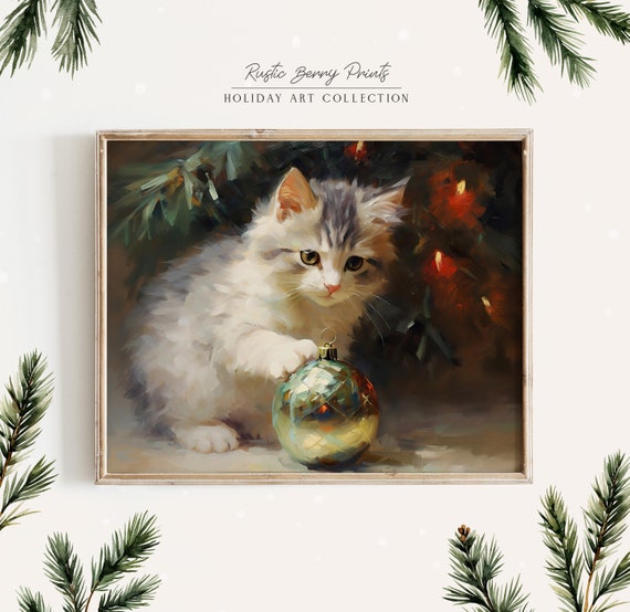 Cute Kitten Oil Painting Art Print Vintage Print Wall Art Christmas Holiday Decor Ornament Tree