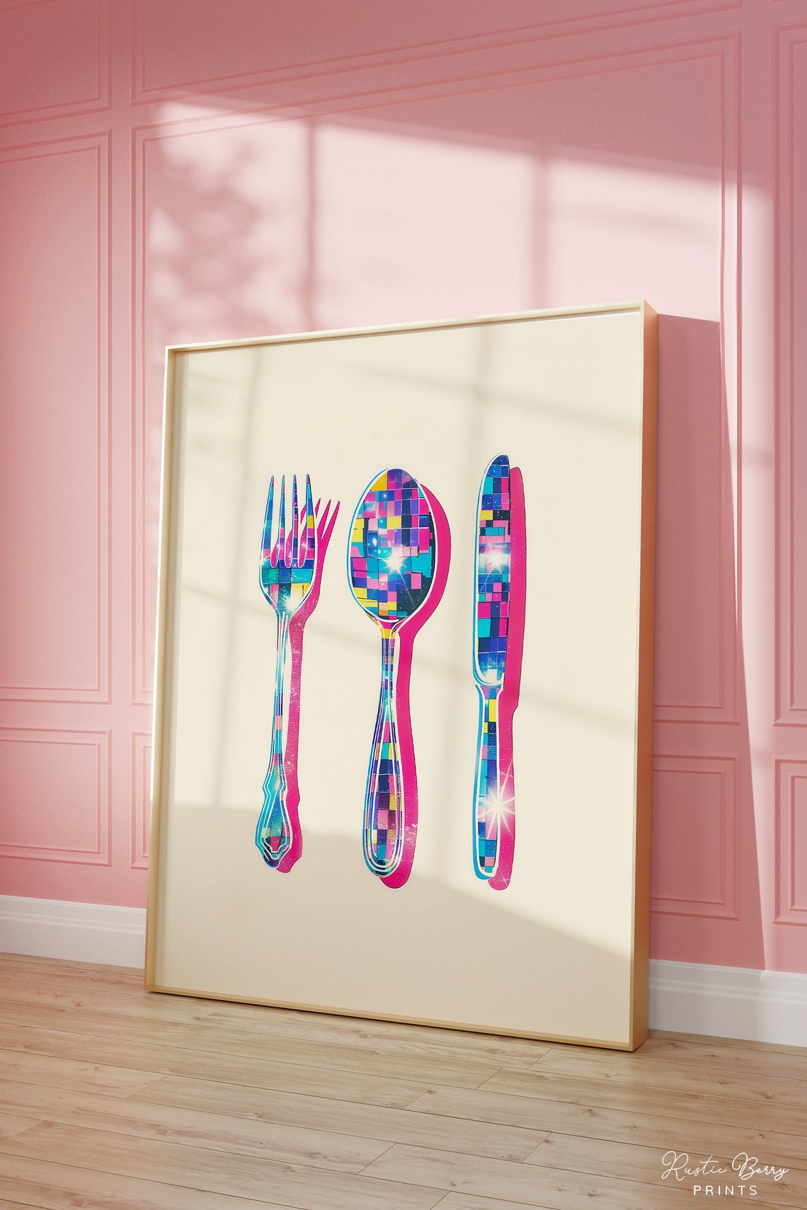 Disco Ball Fork Spoon Knife Rainbow Mosaic Maximalist Kitchen Poster