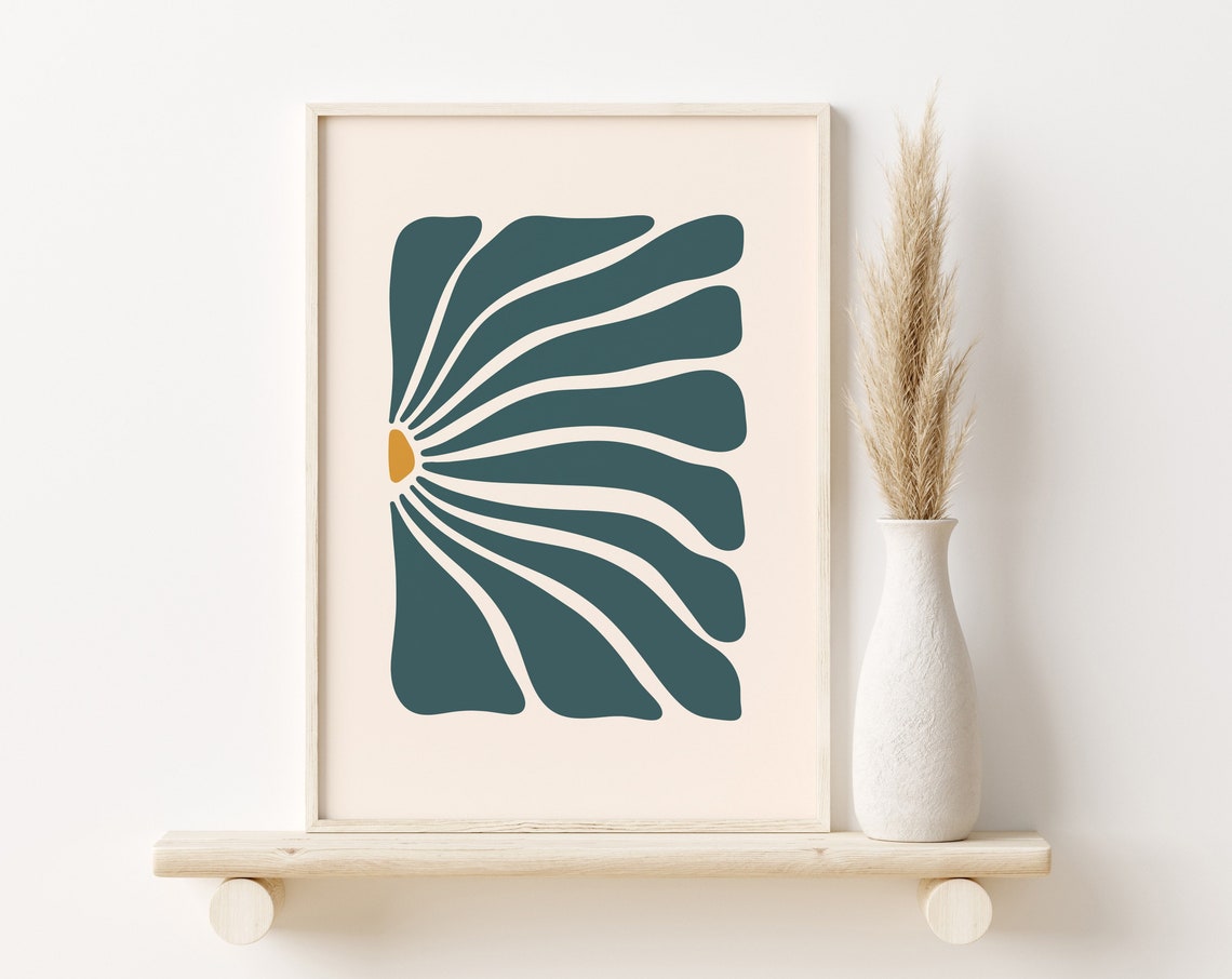 Teal Abstract Flower Art Navy Sunburst Modern Minimalist Poster