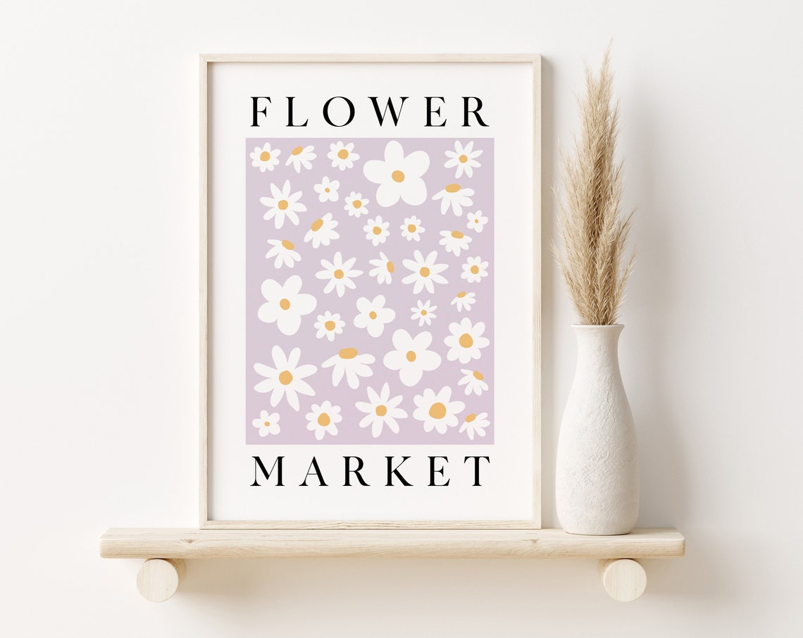 Flower Market White Daisies Lilac Floral Graphic Typography Poster