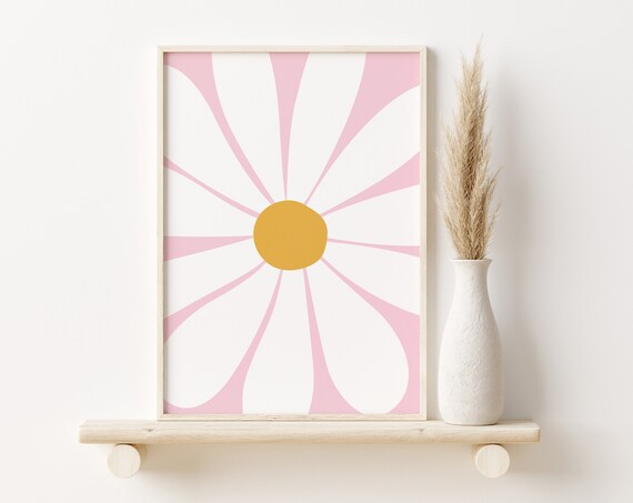Pink Groovy Daisy Poster Retro Floral Nursery Boho Flower Art Design