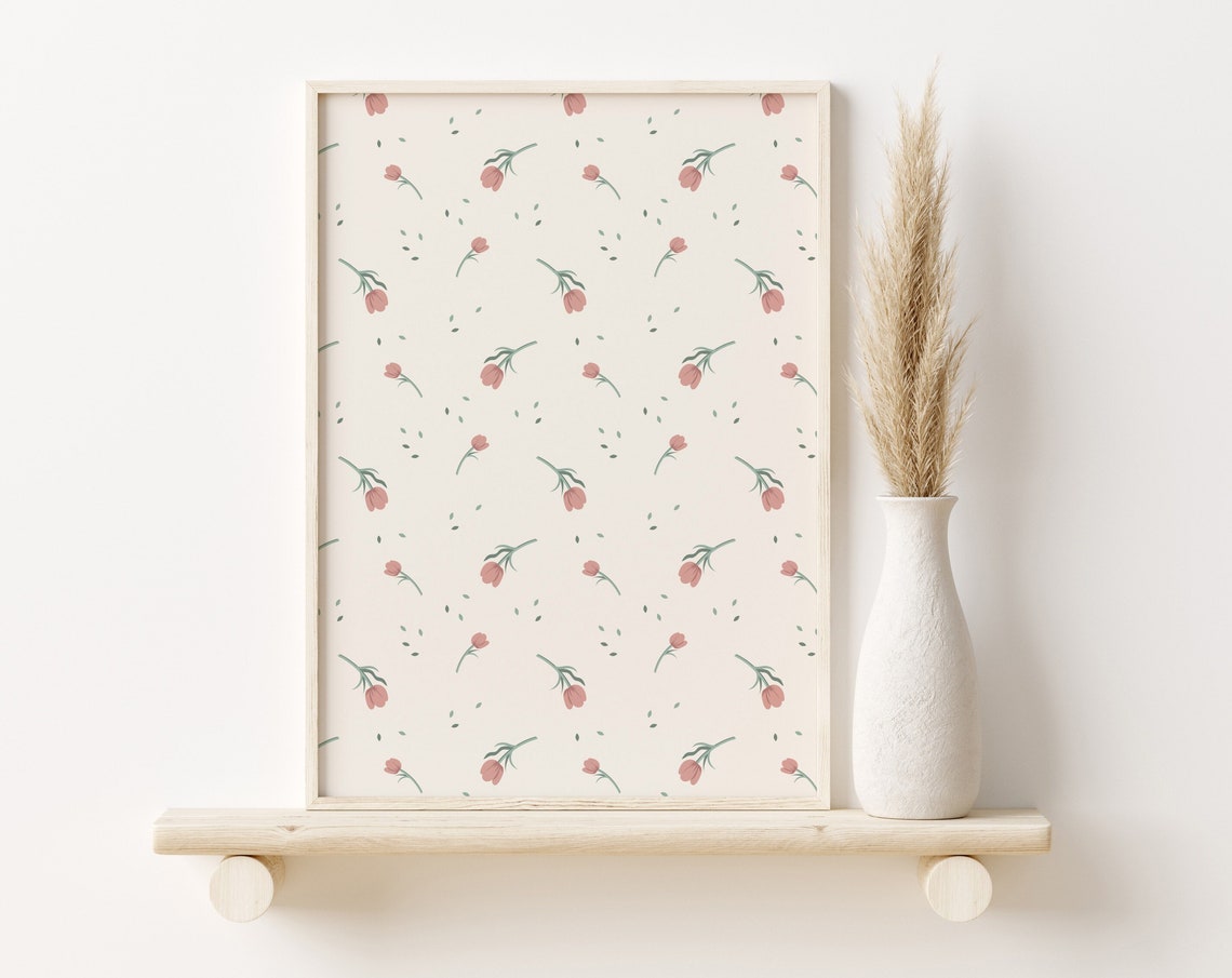 Pink Tulip Flower Pattern Cottagecore Girls Nursery Wall Poster