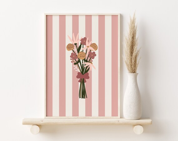 Flower Bouquet Striped Pink Background Floral Decorative Poster