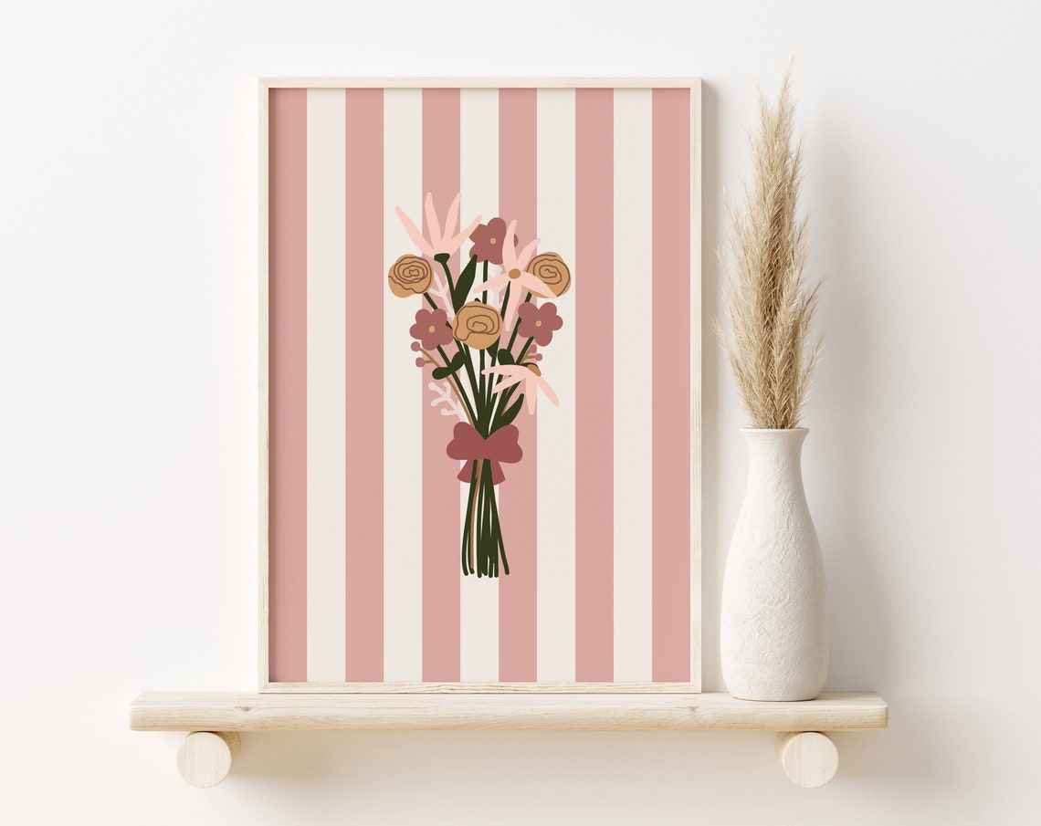 Bunch Of Flowers Print Stripey Wall Art Girls Nursery Print Girls Room Wall Art Flower Print Dusky Pink Decor Wall Art
