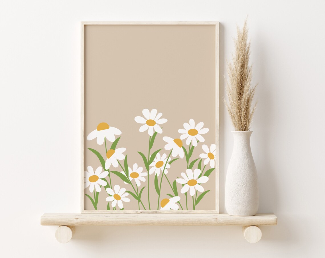 Beige Daisy Boho Floral Art Print, Nursery Decor