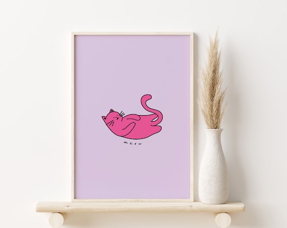 Pink Cat Meow Doodle Quirky Cat Poster For Cute Preppy Bedrooms
