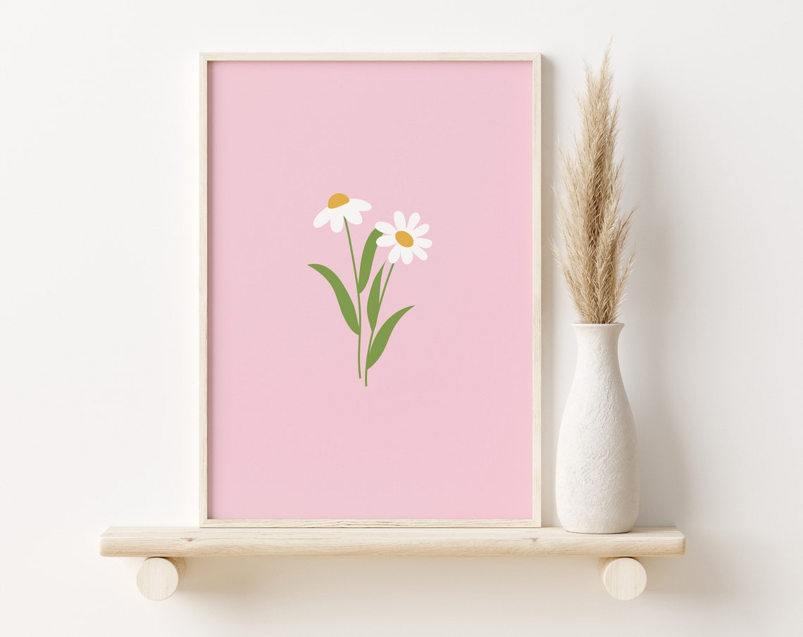 Pink Daisy Minimalist Floral Boho Nursery Girls Bedroom Poster