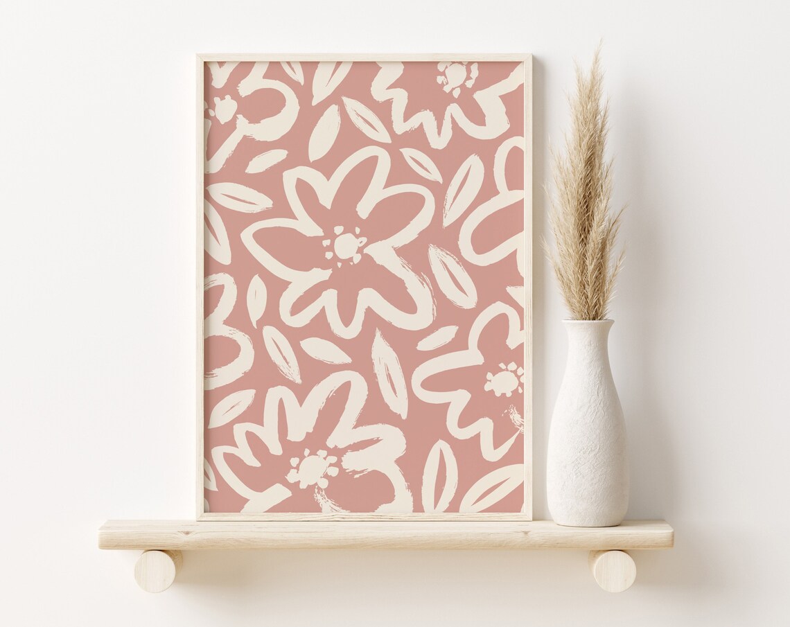 Dusty Pink Abstract Floral Cream Pattern Girls Room Decor Poster