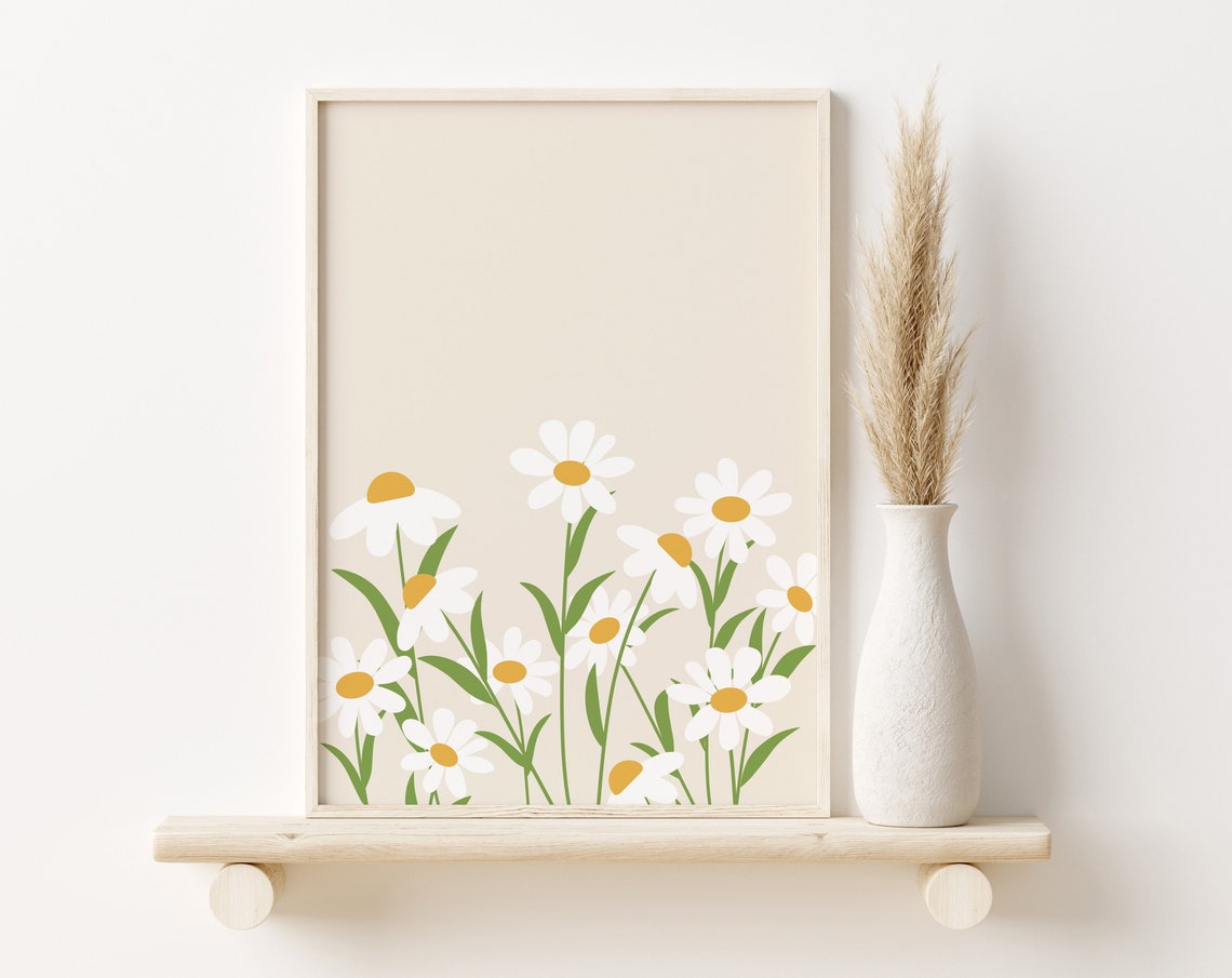 White Daisies Cream Floral Botanical Illustration Spring Art Poster