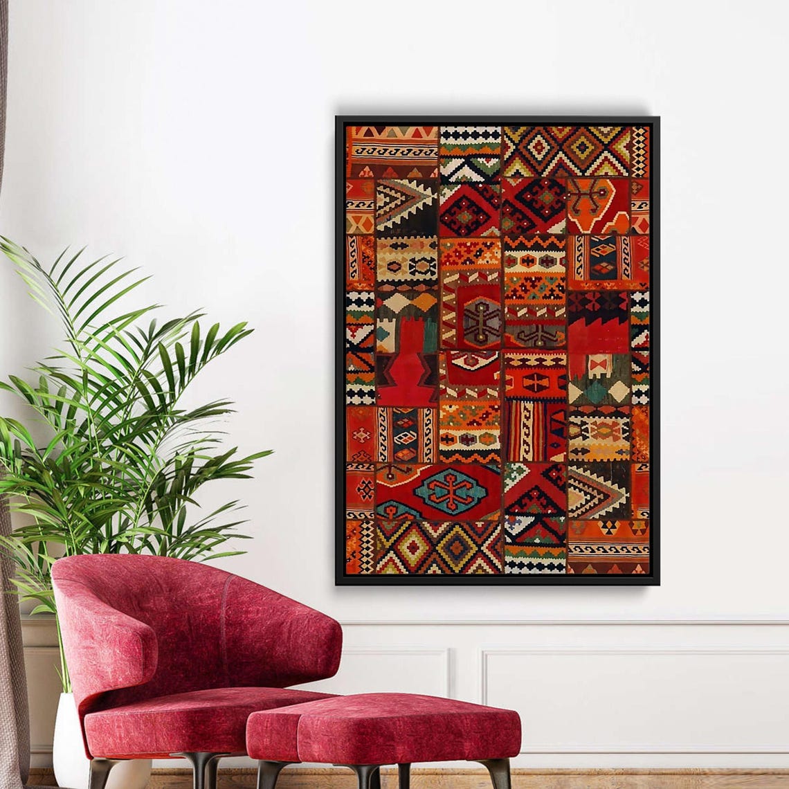 Colorful Patchwork Kilim Rug Canvas Red Tribal Squares Boho Poster
