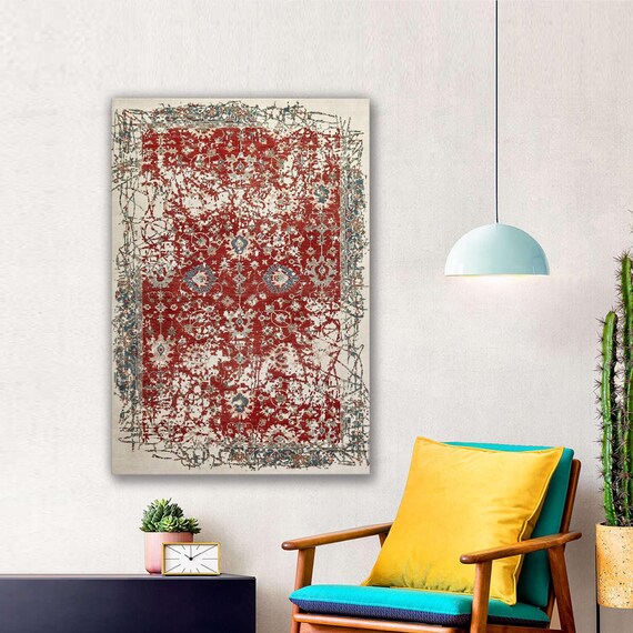 Vintage Red Rug Canvas Distressed Faded Floral Design Poster