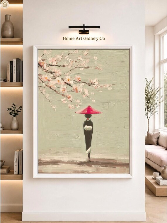 Minimalist Geisha With Red Parasol Under Cherry Blossoms Sage Oil Poster