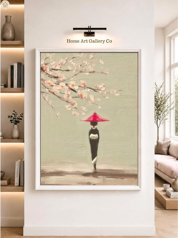Minimalist Japanese Woman Wall Art Cherry Blossom Japandi Print