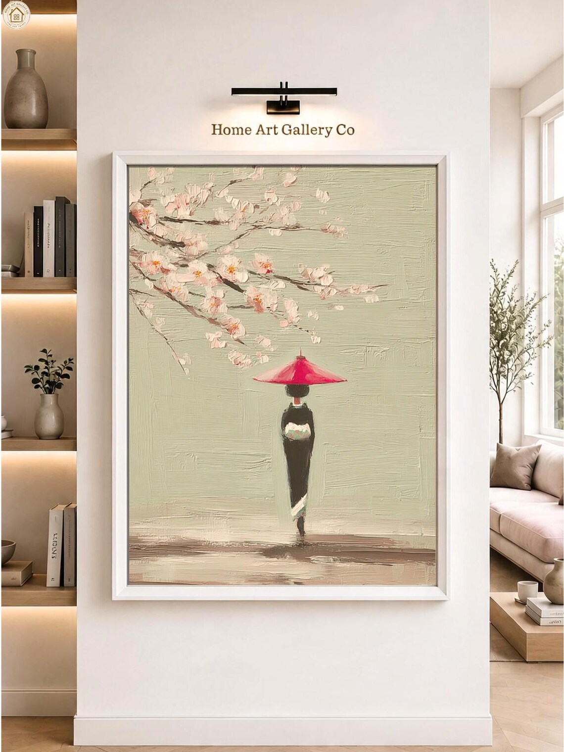 Minimalist Geisha With Red Parasol Under Cherry Blossoms Sage Oil Poster