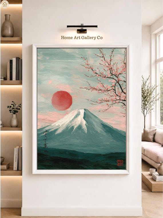 Mount Fuji Wall Art Red Sun Cherry Blossom Japanese Japandi Print