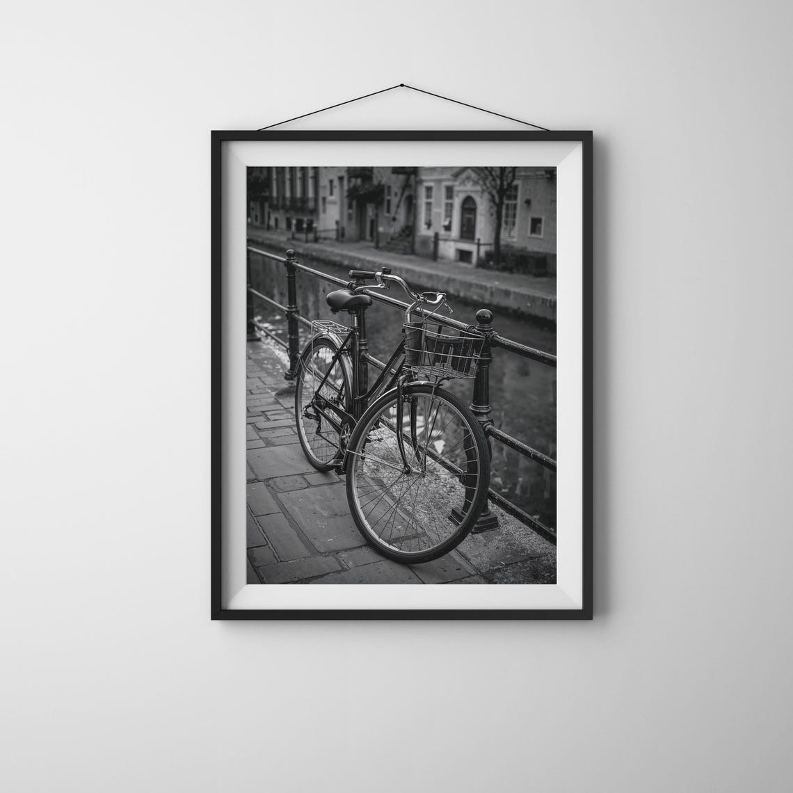 Vintage Bicycle Canal Bridge Black White European Photo Print