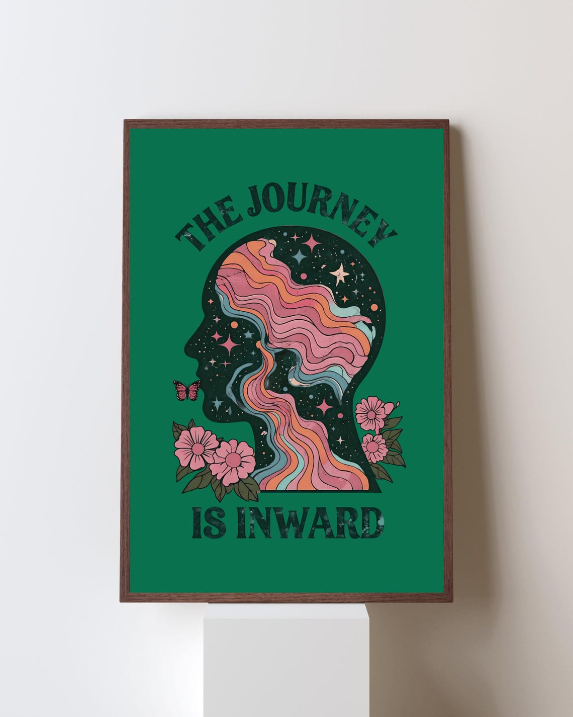 The Journey Is Inward Green Psychedelic Cosmic Silhouette Poster