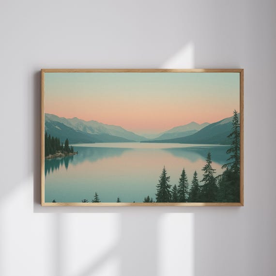 Mountain Lake Wall Art Tranquil Sunset Landscape Print Nature Scenic Home Decor Horizontal