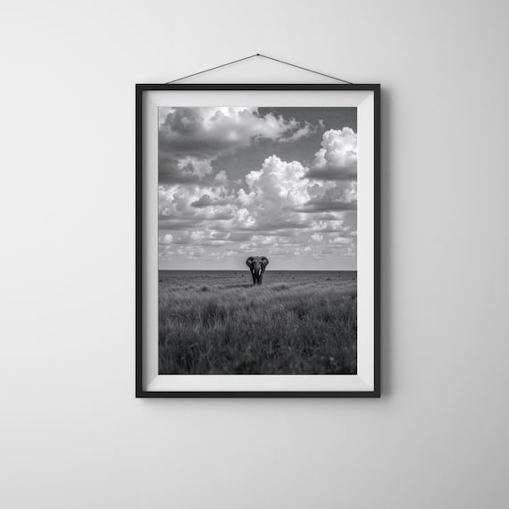 Black And White Elephant Landscape Photo Cinematic Wildlife Wall Art Safari Decor Animal Photography Instant