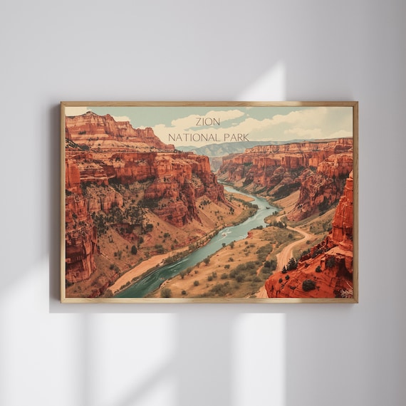 Zion National Park Red Rock Canyon River Retro Travel Poster