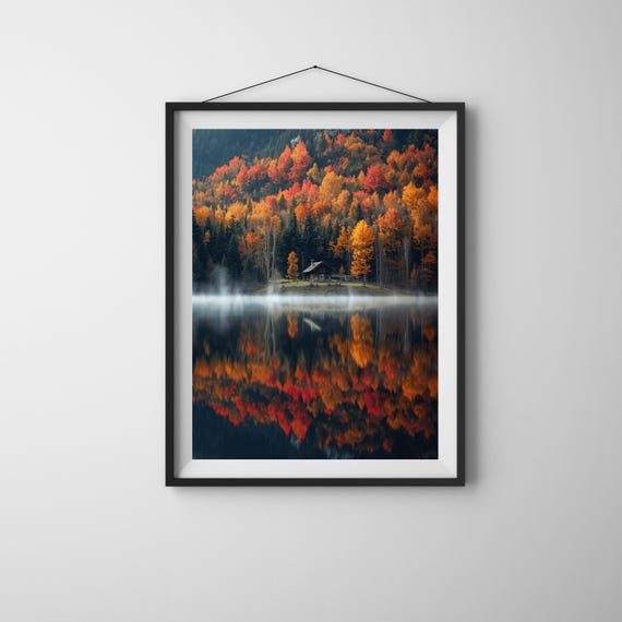 Autumn Cabin Lake Reflection Art Rustic Fall Landscape Png