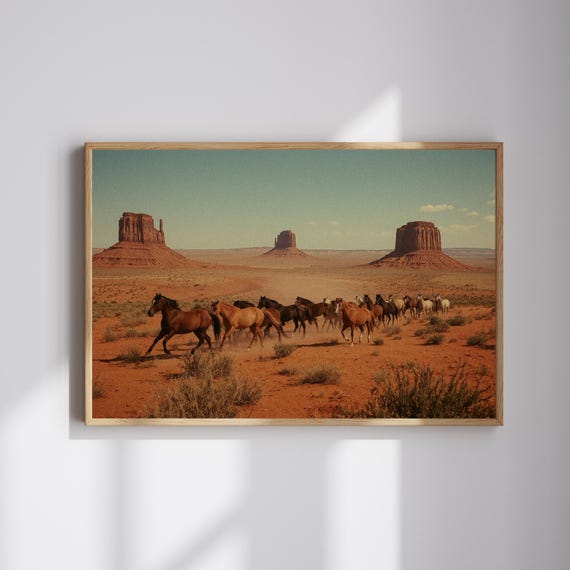 Wild Horses Western Wall Art Vintage Desert Landscape Print Rustic Cowboy Home Decor Horizontal