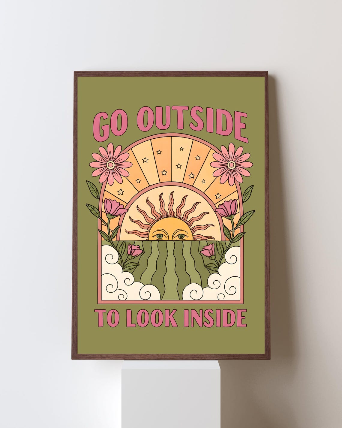 Go Outside To Look Inside Retro Sun Flower Quote Wall Decor Poster