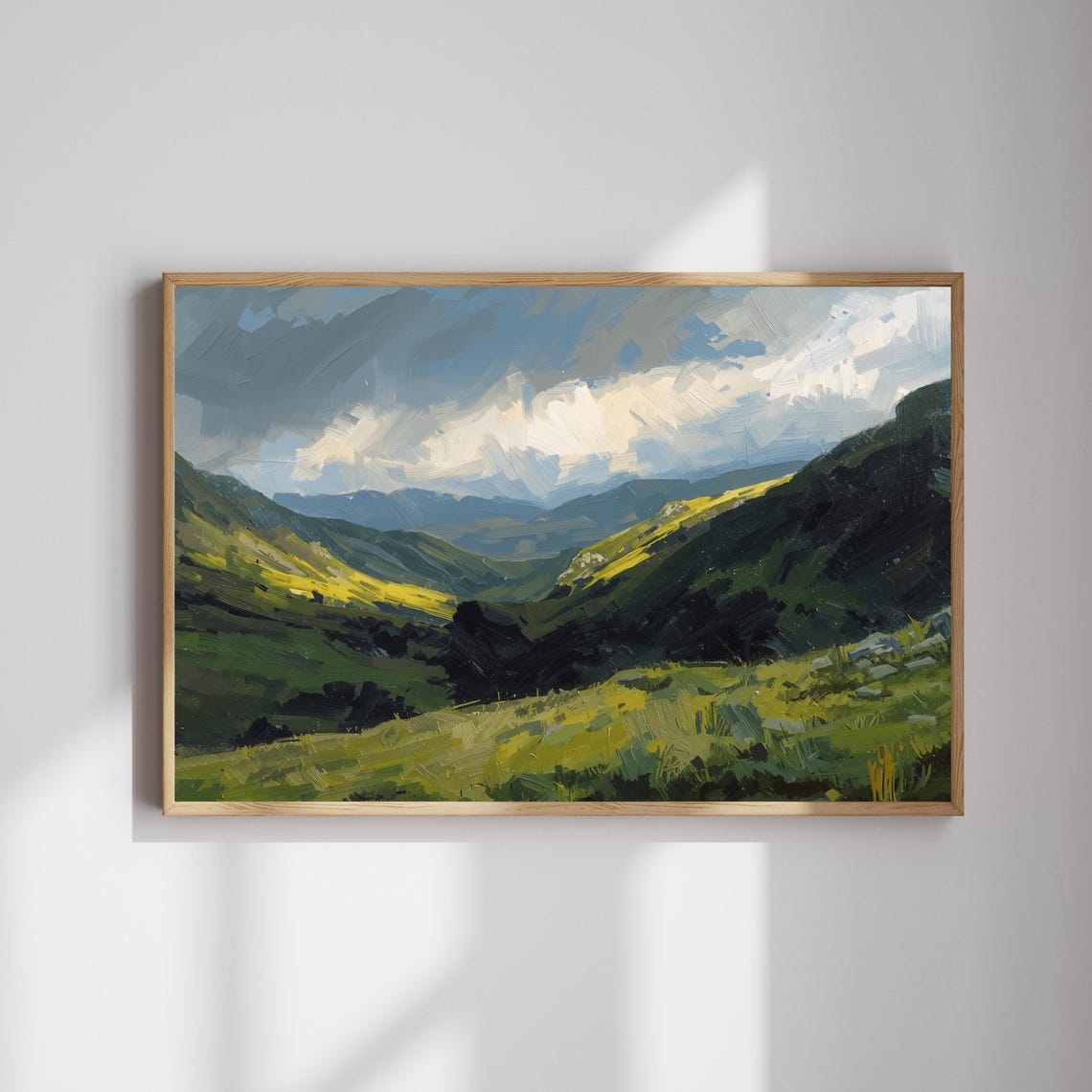 Green Valley Mountain Landscape Oil Painting Cloudy Sky Poster