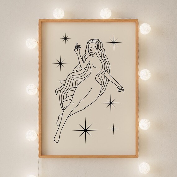 Goddess Minimalist Line Drawing Celestial Woman Stars Elegant Poster