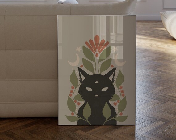 Black Cat Among Leaves With Moon And Flowers Earthy Halloween Wall Art