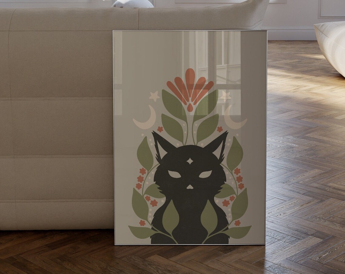 Black Cat Among Leaves With Moon And Flowers Earthy Halloween Wall Art
