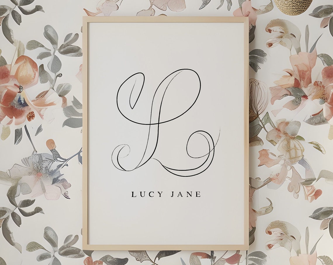 Script L Initial Custom Baby Girl Name Floral Nursery Poster