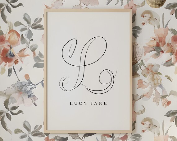 Script L Initial Custom Baby Girl Name Floral Nursery Poster